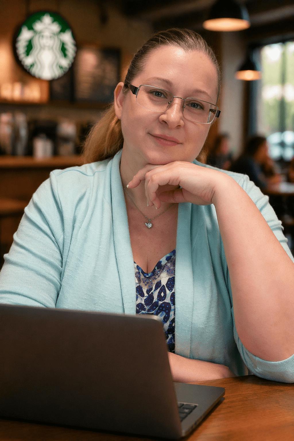 laptop with light blue cardigan